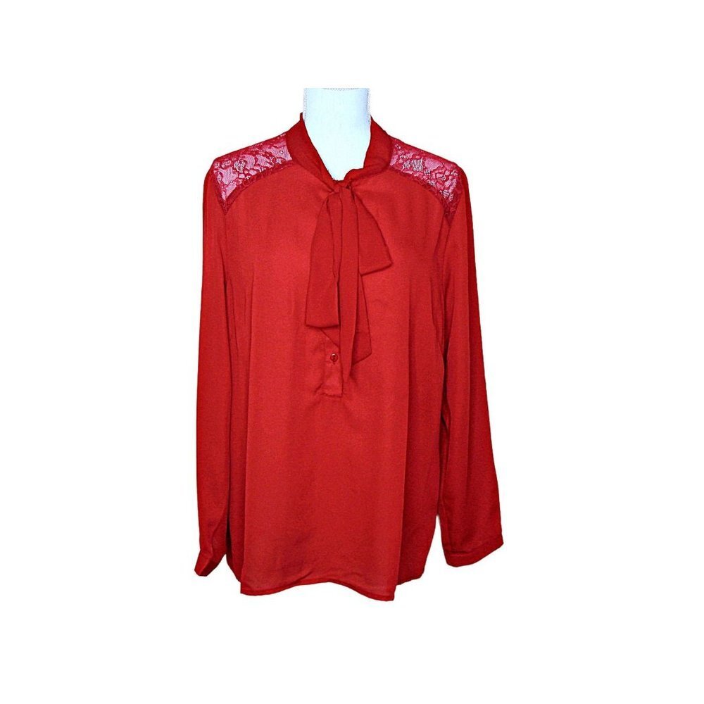 Daisy Fuentes Bow Tie Neck and Lace Blouse Top Cranberry Color Size 1X NWT